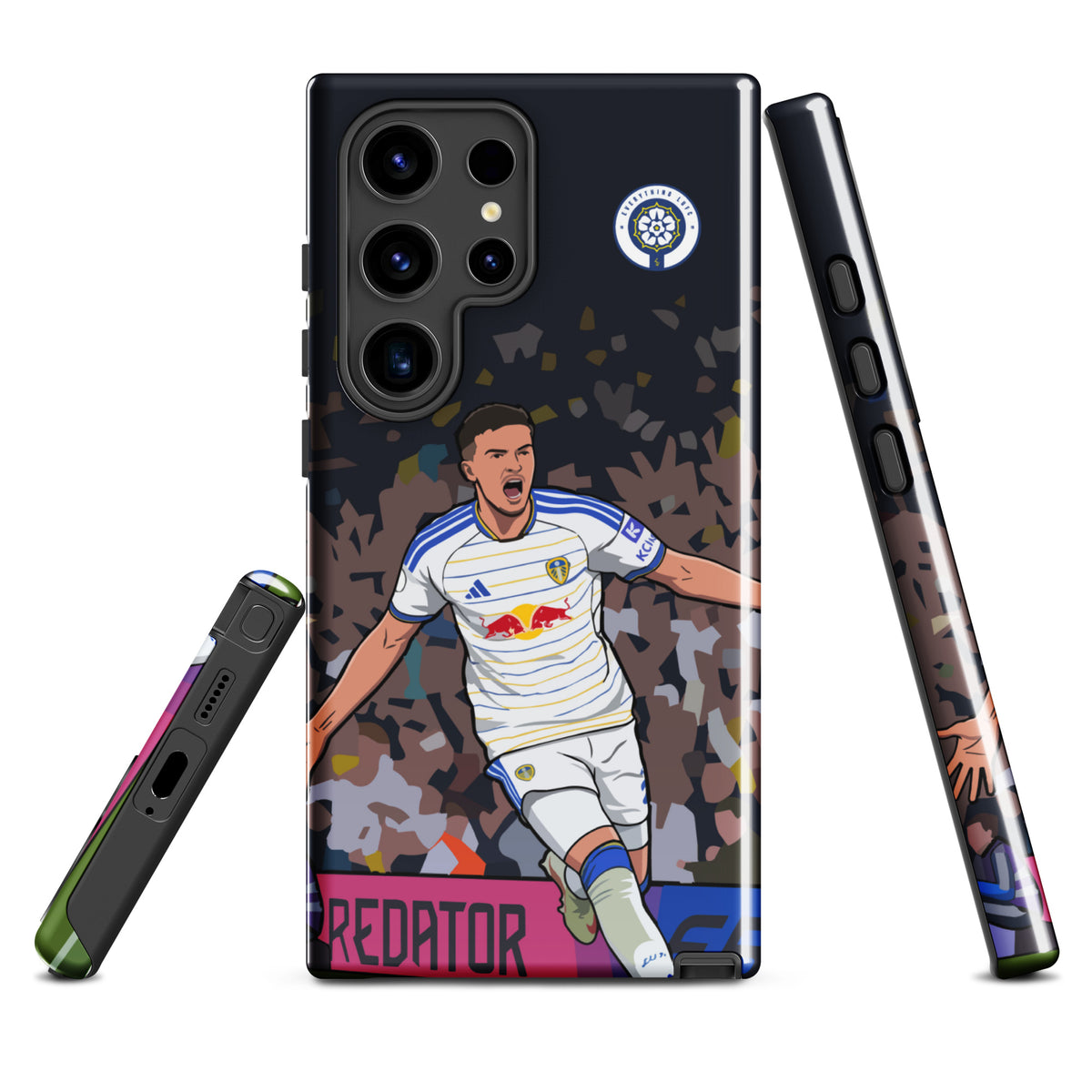 Tough Samsung phone case, front view with player design and side bar openings