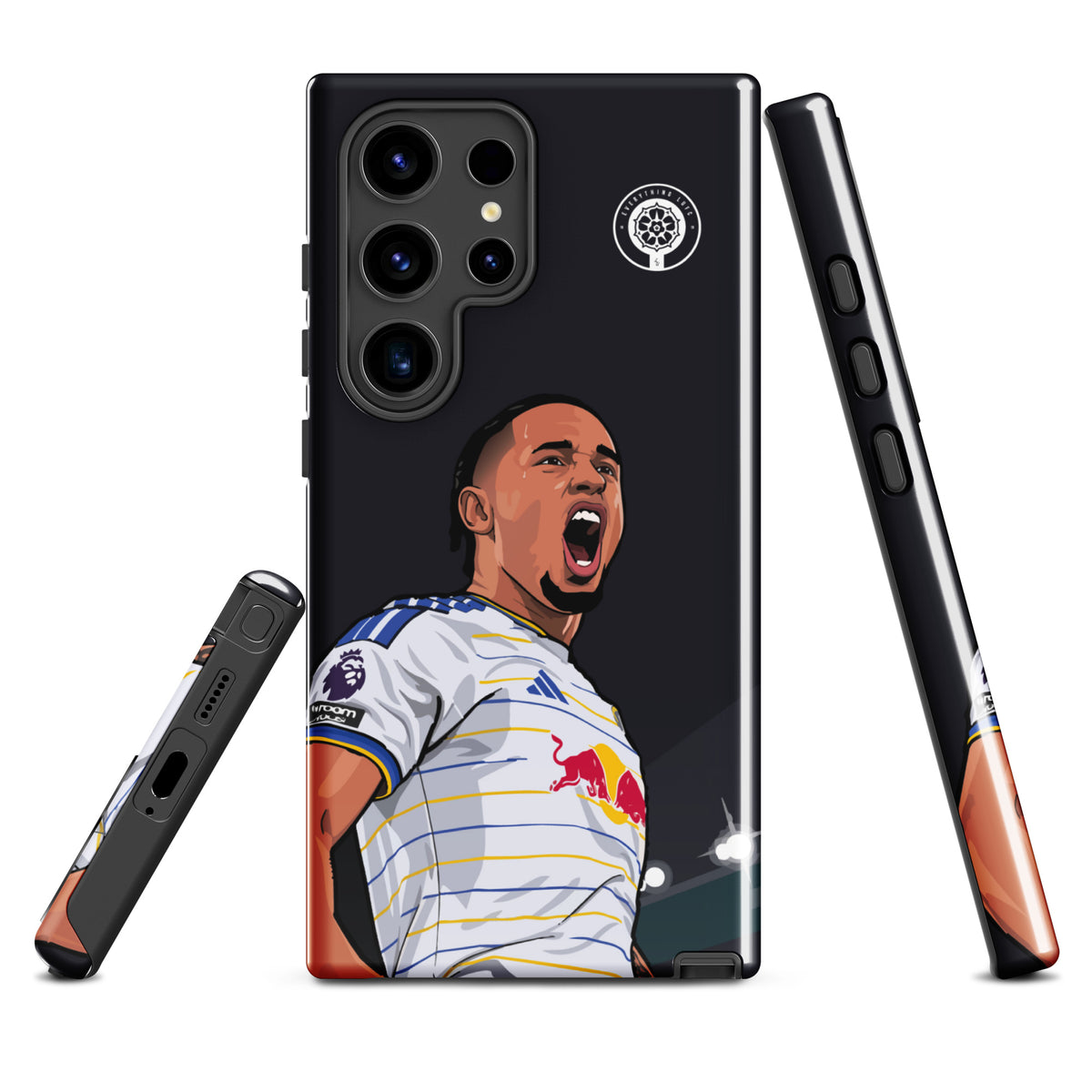 Tough Samsung phone case with black back panel, player graphic, and camera lens cutouts