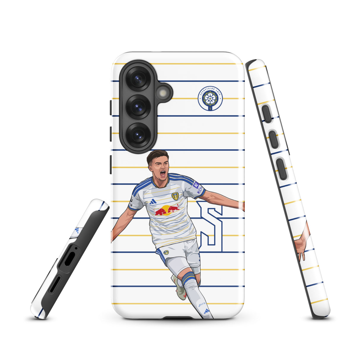 Tough Samsung phone case with striped player artwork and dark camera module on back
