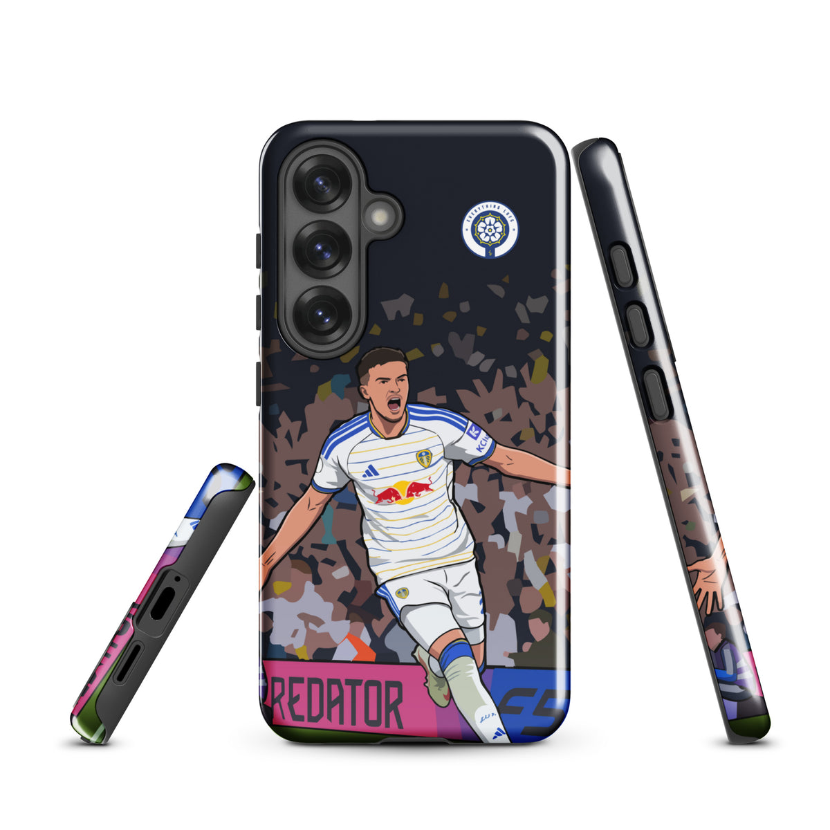 Tough Samsung phone case with player action graphic, side buttons and bumper