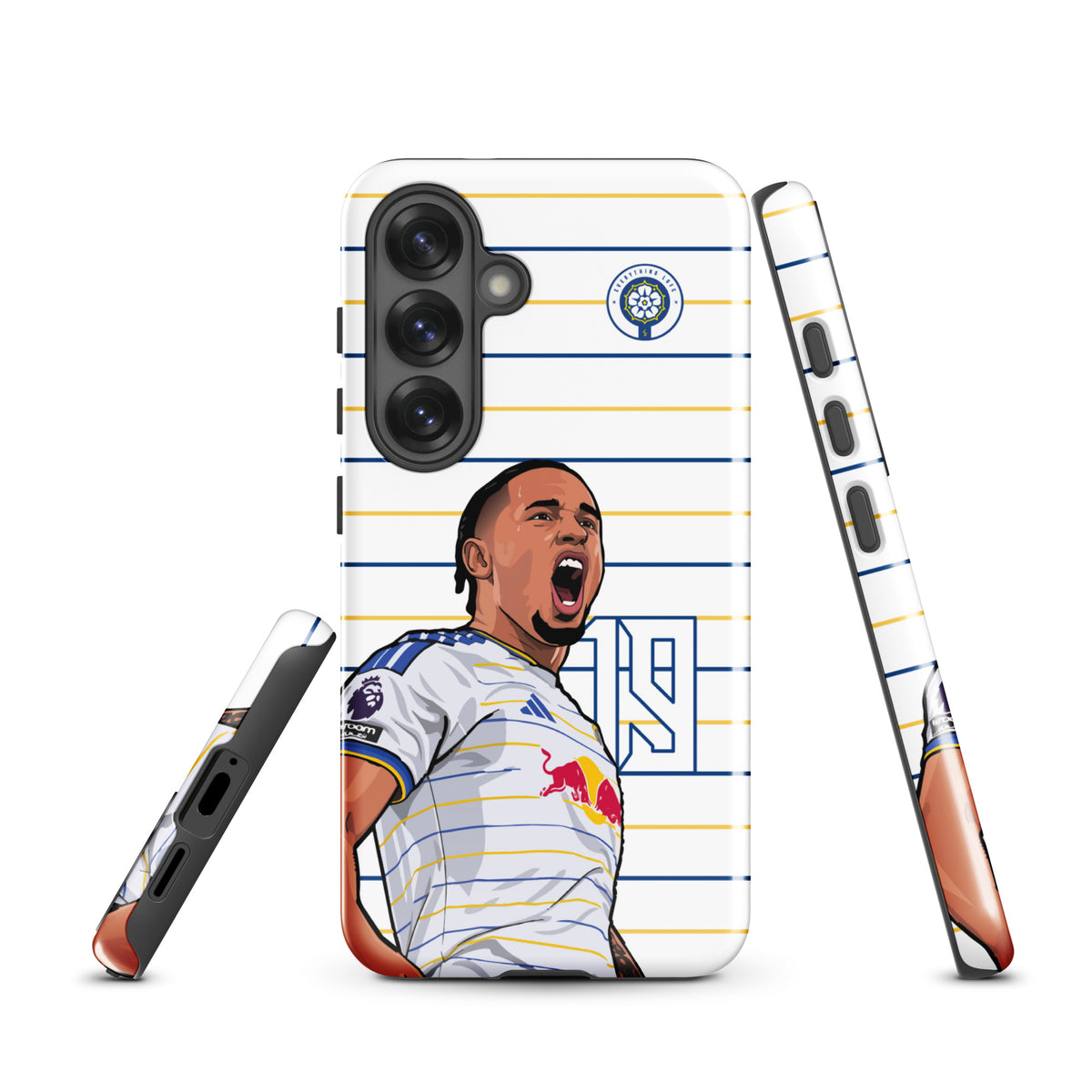 Tough Samsung phone case front showing Okafor illustration with striped lines and crest