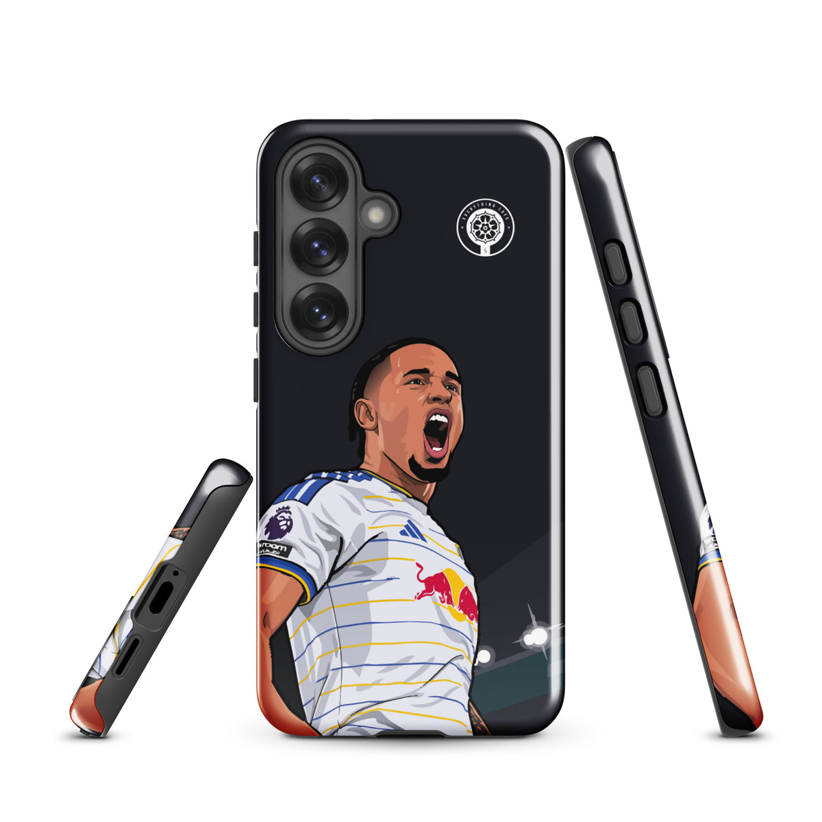 Tough Samsung phone case with black back, player graphic, and protective bumper sides
