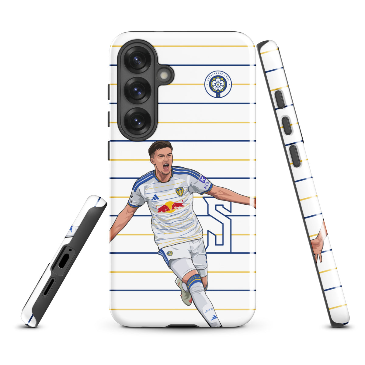 Tough Samsung phone case with football player graphic on blue-and-yellow stripe pattern