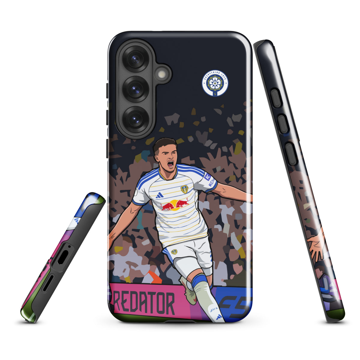 Tough Samsung phone case, centered front with player artwork and camera cutouts