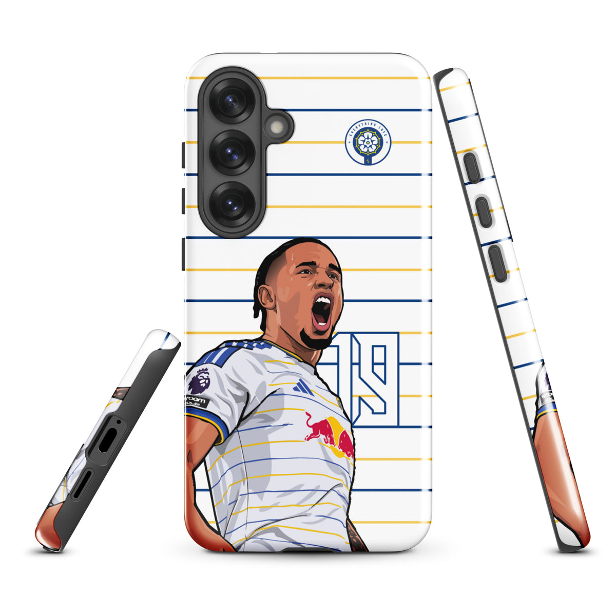 Tough Samsung phone case with Leeds badge, striped design, and Okafor player artwork