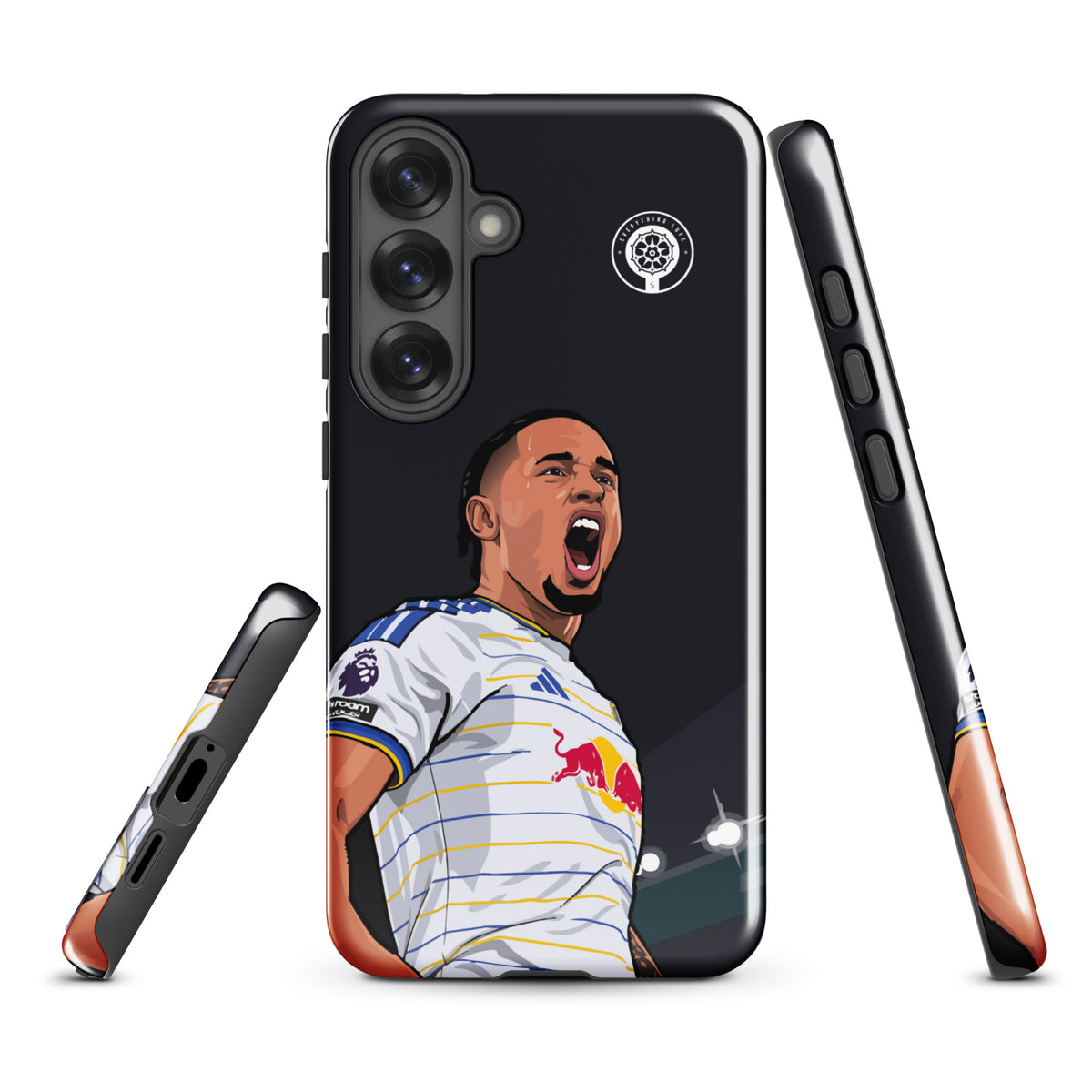 Tough Samsung phone case showing black back with player graphic and side protection