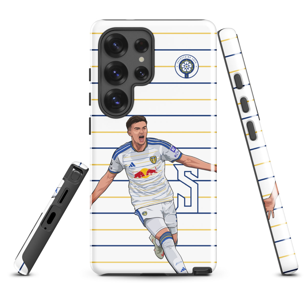 Tough Samsung phone case with blue-and-white stripes, soccer player, and side grip