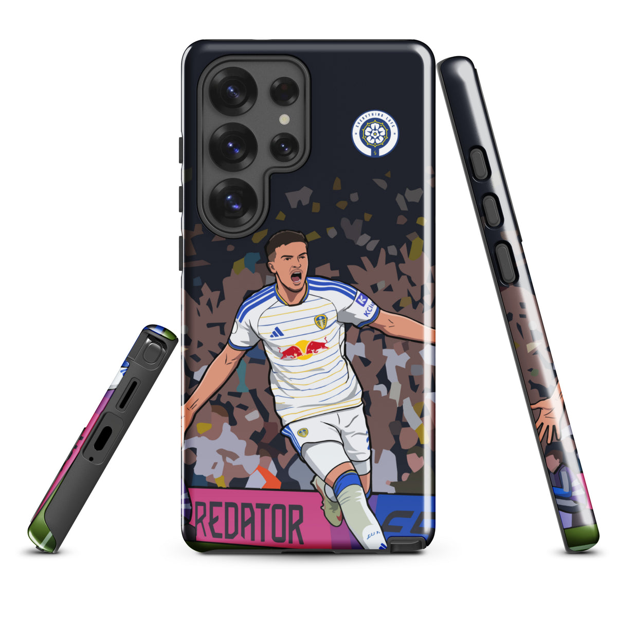 Tough Samsung phone case with player graphic, showing front and side button edge