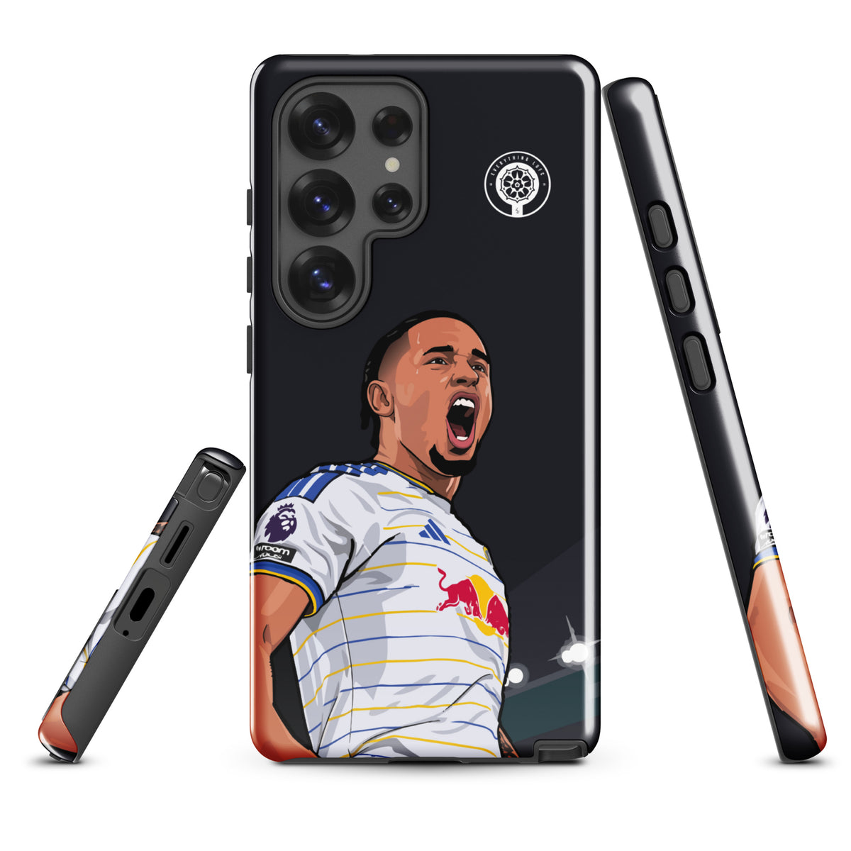 Tough Samsung phone case with black back, player graphic, and camera cutout openings