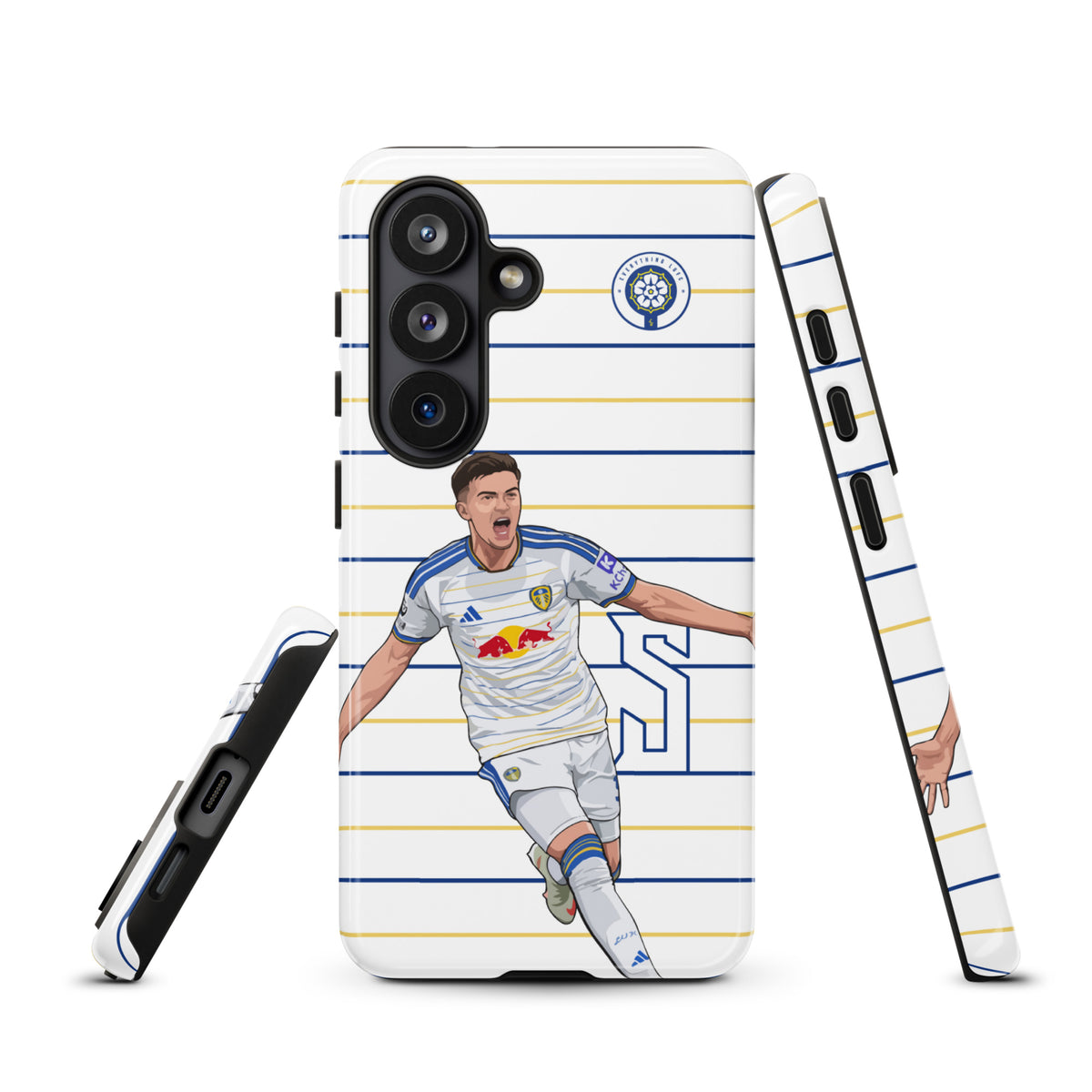 Tough Samsung phone case with blue-and-white stripes, crest, soccer player, and rugged edges