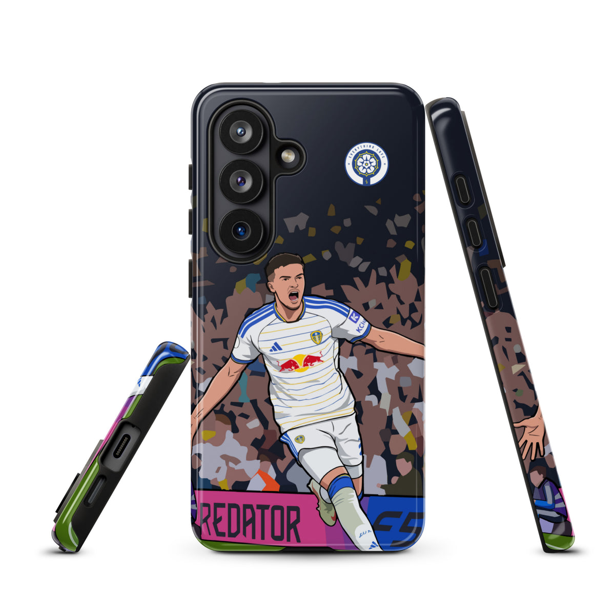 Tough Samsung phone case with dark camouflage player graphic and team badge