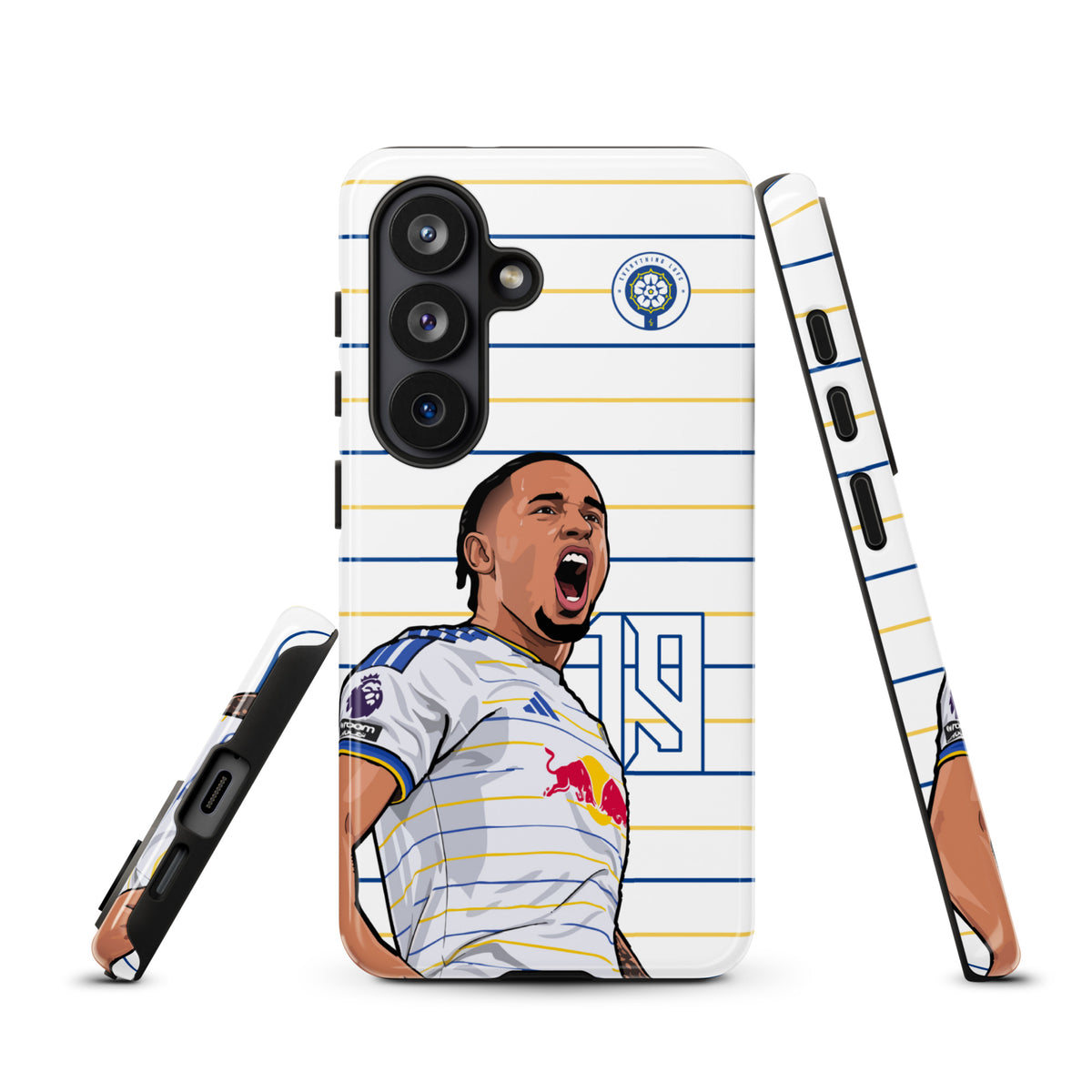 Rugged Samsung phone case with blue-and-yellow stripes and soccer player graphic