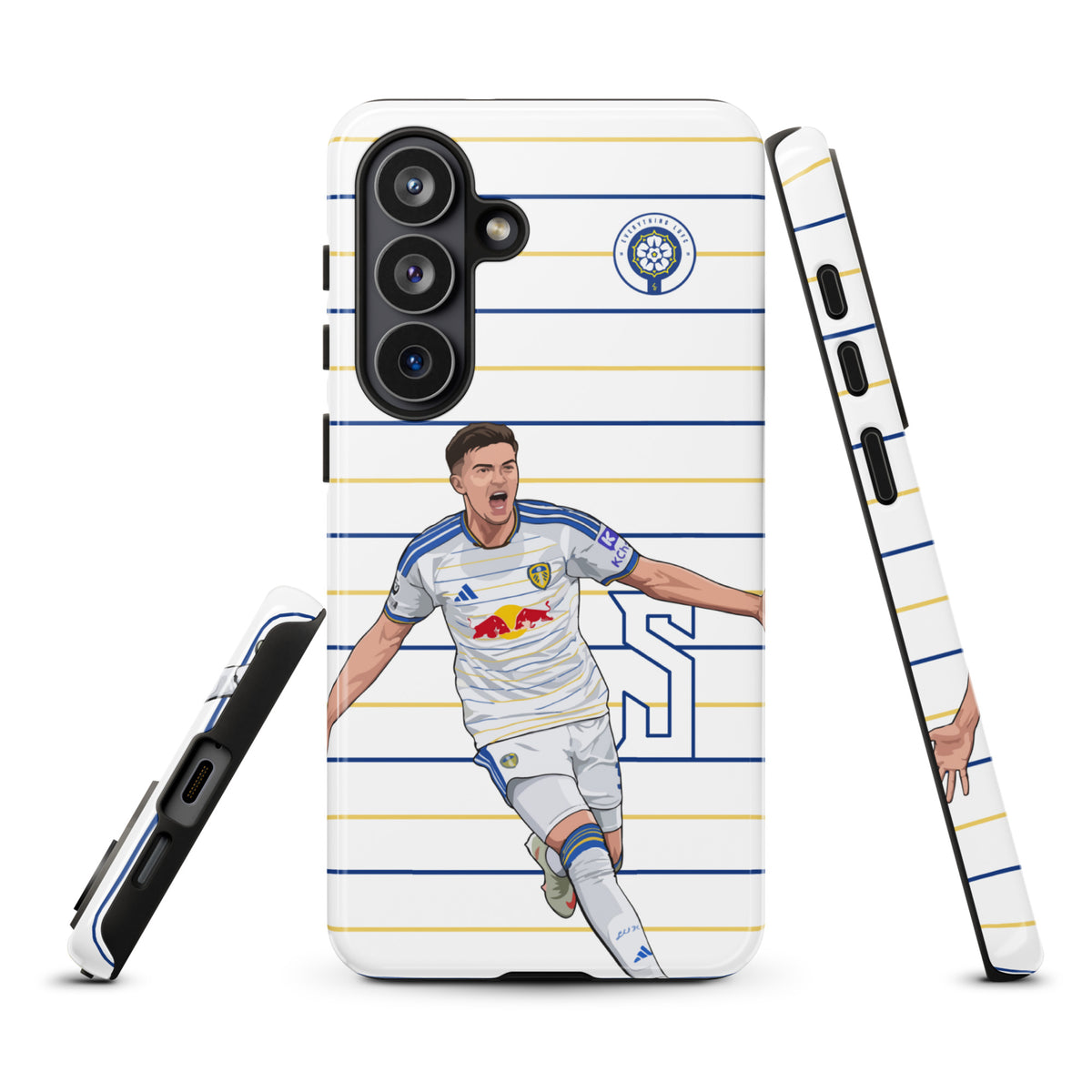 Tough Samsung phone case showing blue-and-white striped design and soccer player graphic