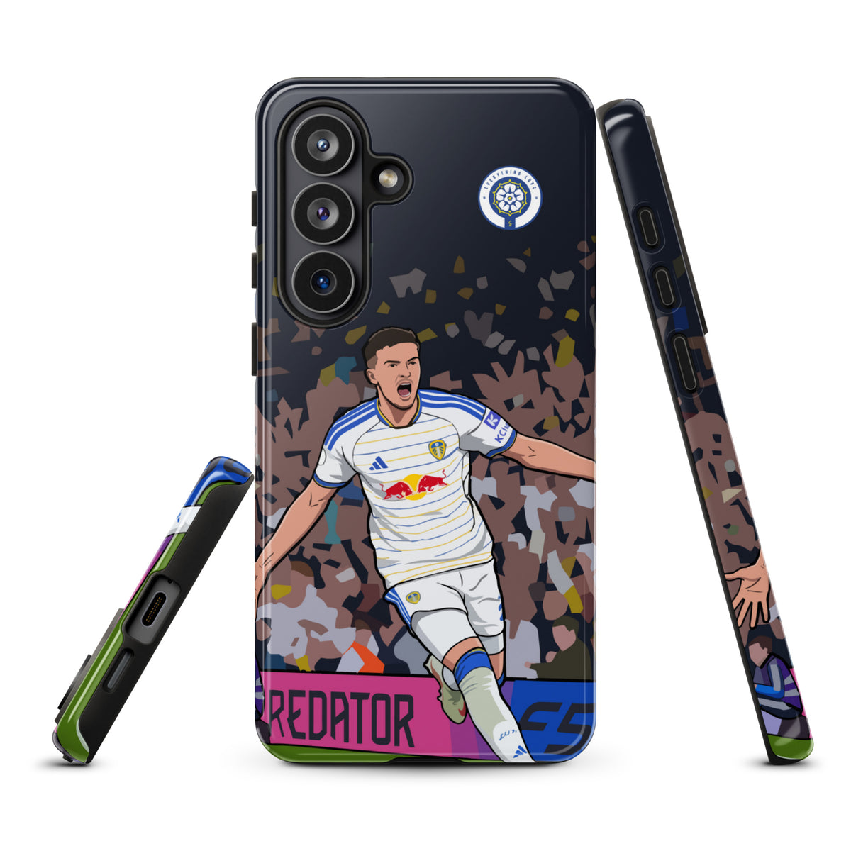 Tough Samsung phone case with camera cutouts, side buttons, and player action artwork