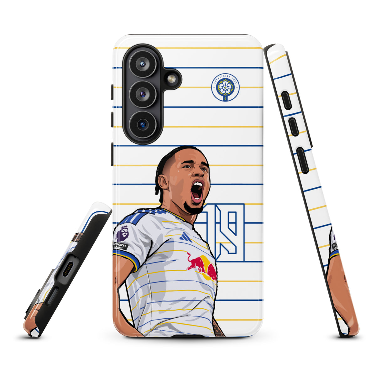 Rugged Samsung phone case, striped back with soccer player graphic and camera cutouts
