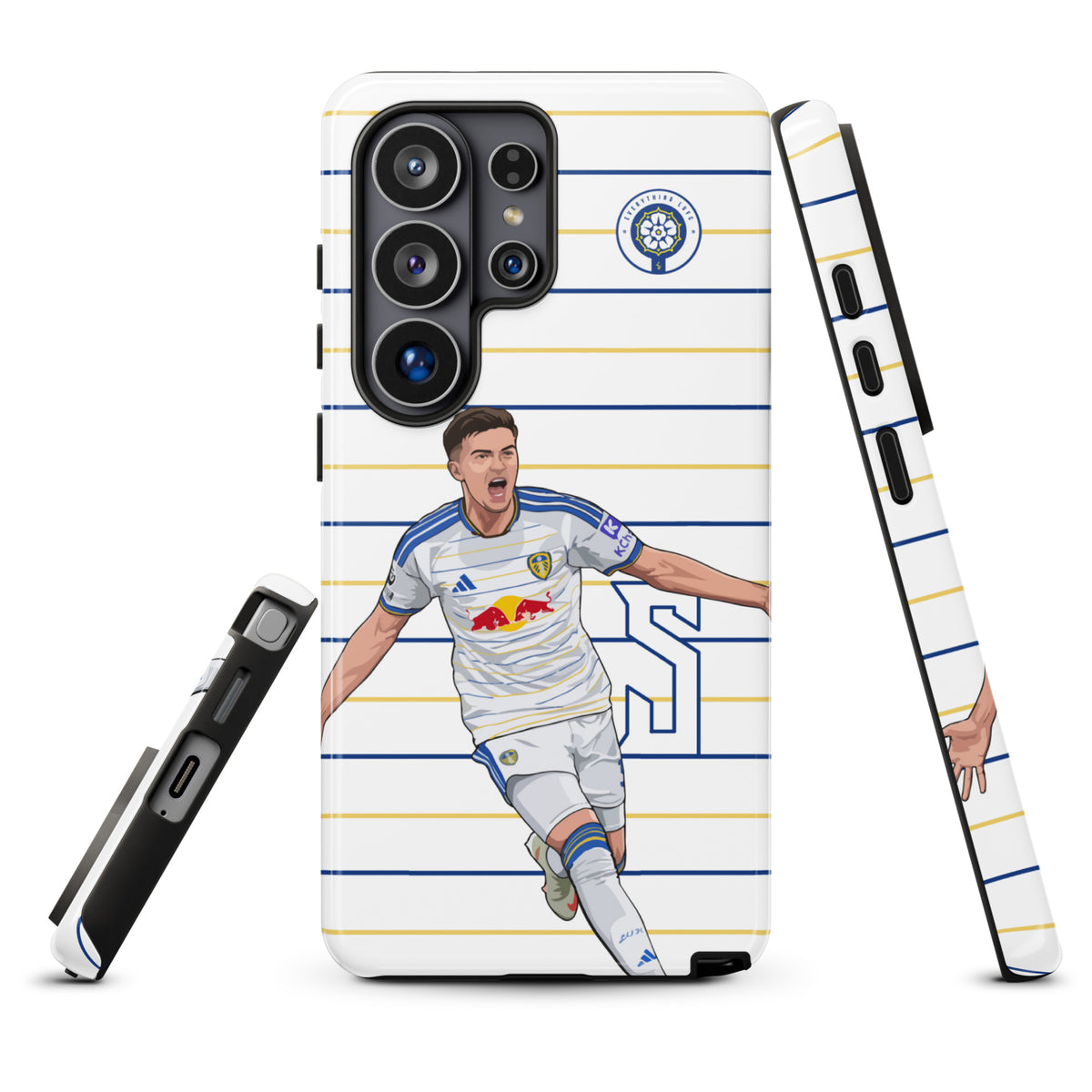 Tough Samsung phone case with camera cutouts, blue-and-white stripes, crest, and player