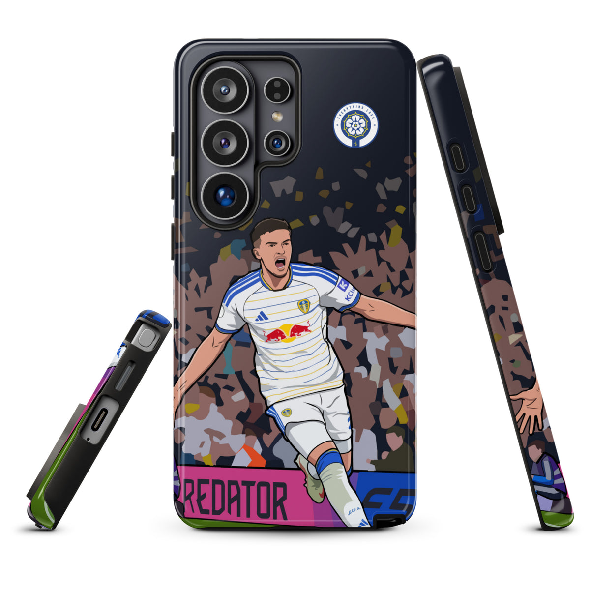 Tough Samsung phone case with player illustration, badge, and dual camera openings