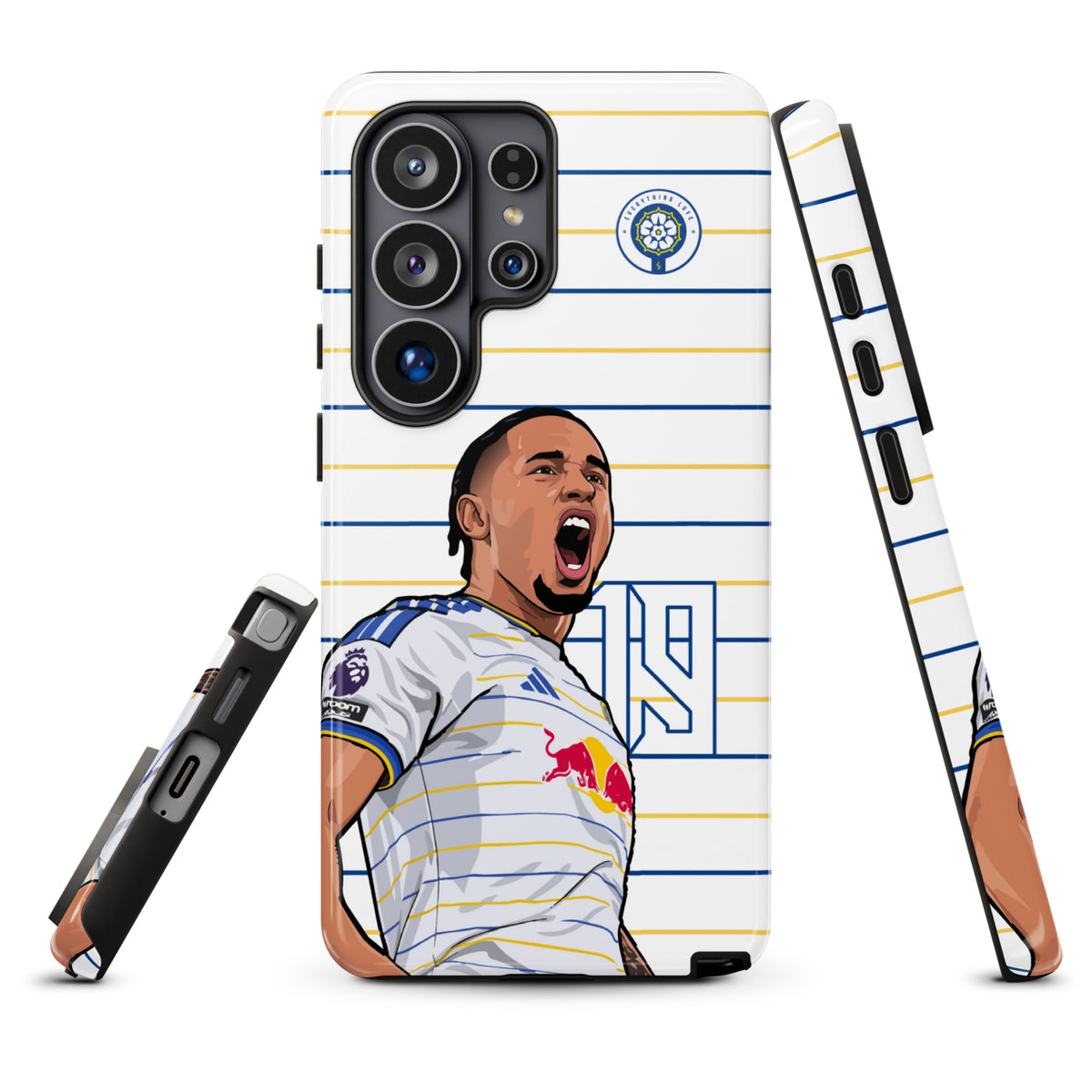 Rugged Samsung phone case with striped design, soccer player graphic, and triple-camera openings