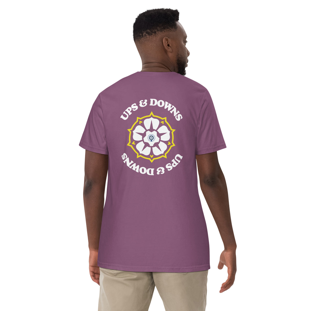 Purple heavyweight T-shirt with large back graphic logo and text