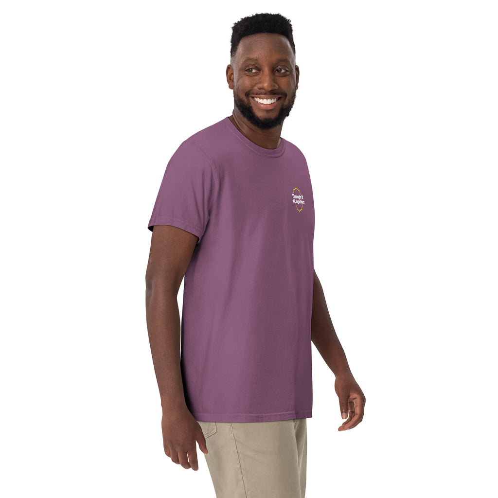 Purple heavyweight T-shirt on model, small chest logo