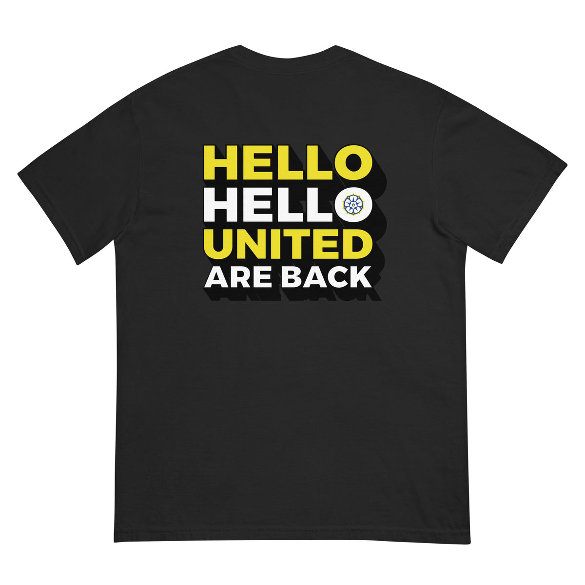 Black heavyweight T-shirt with large back “HELLO HELLO UNITED ARE BACK” graphic