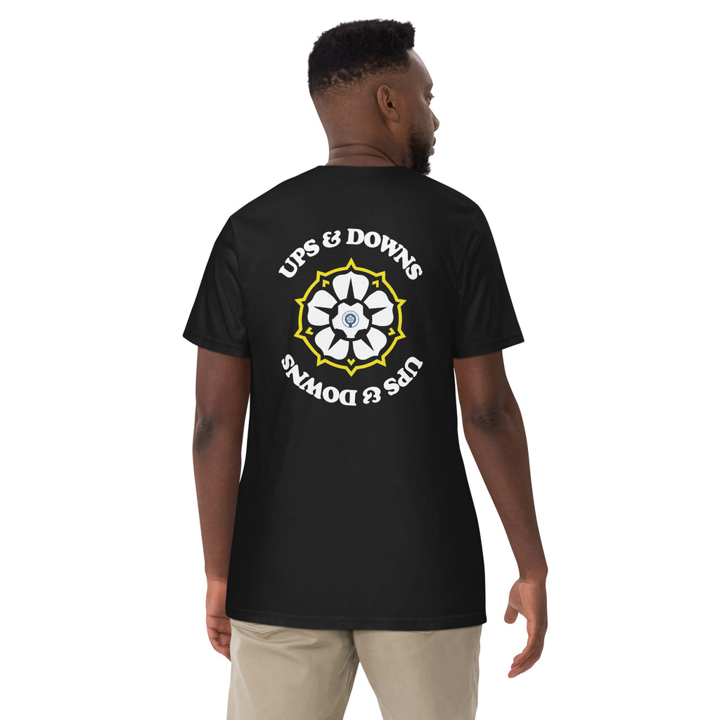 Black heavyweight T-shirt with large back graphic logo and text