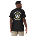 Black heavyweight T-shirt with large back graphic logo and text