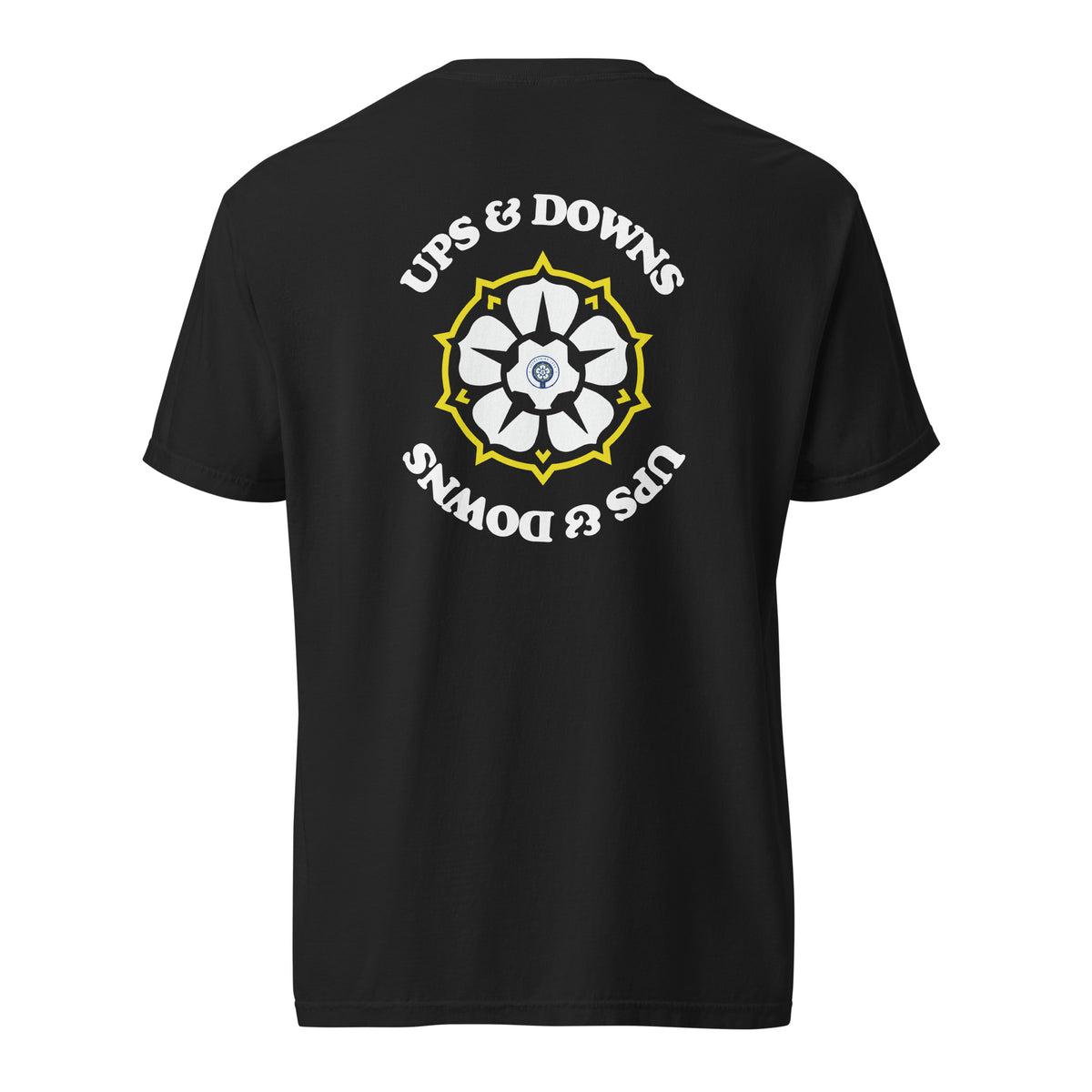 Black heavyweight T-shirt with large back ups & downs logo graphic