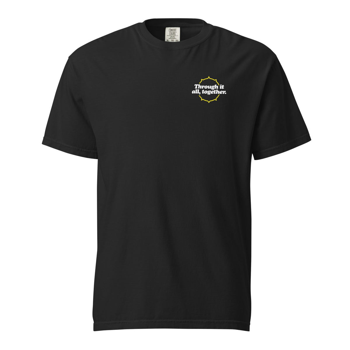 Black heavyweight T-shirt with small chest logo text