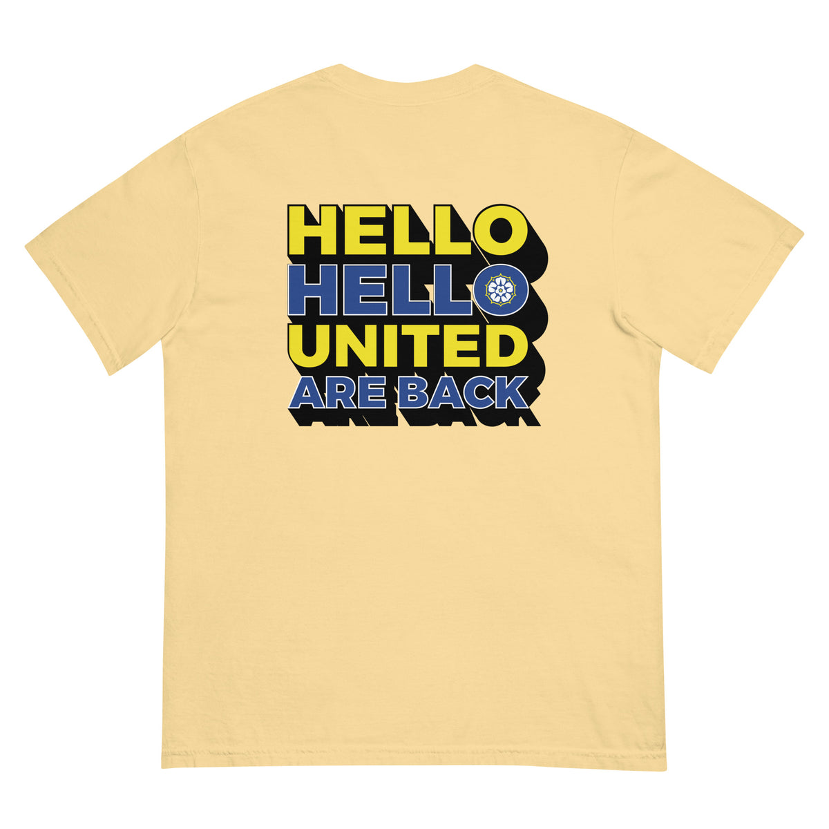 Beige heavyweight T-shirt with large back “HELLO HELLO UNITED ARE BACK” graphic