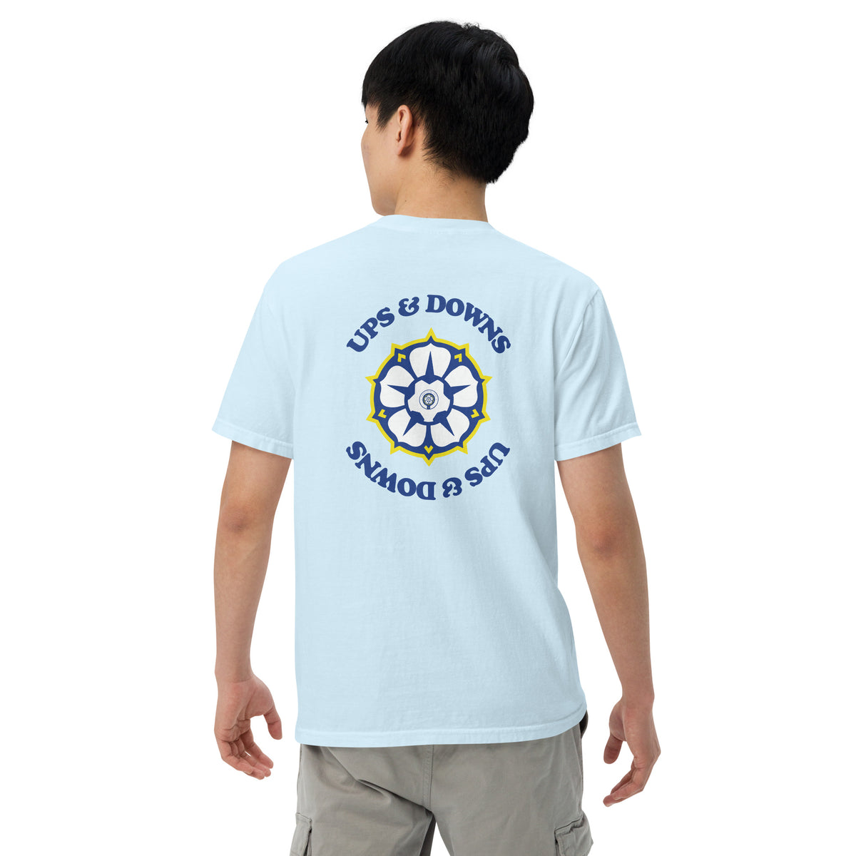 Light blue heavyweight T-shirt with large back circular logo graphic