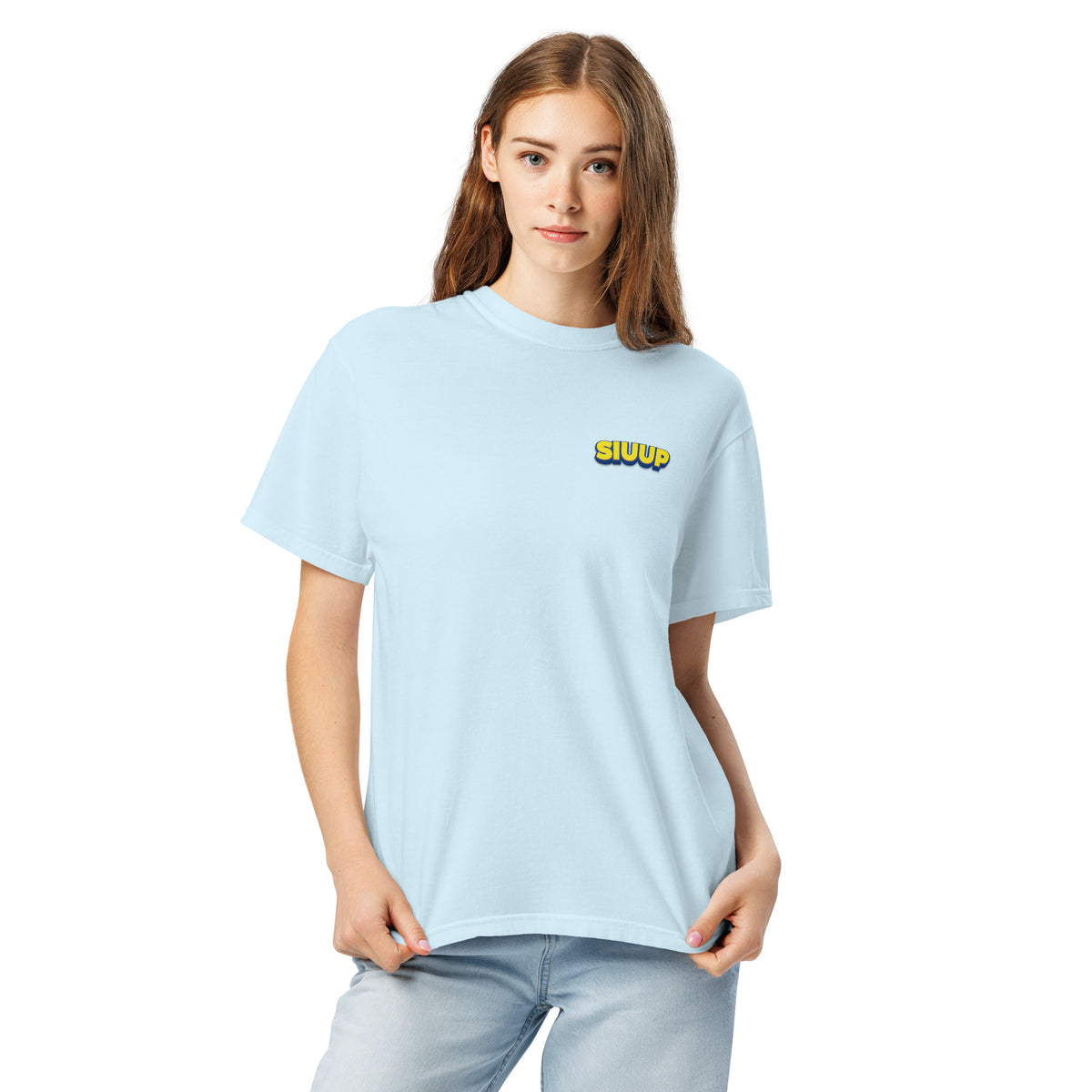 Light blue heavyweight T-shirt with small colorful SIUUP chest logo