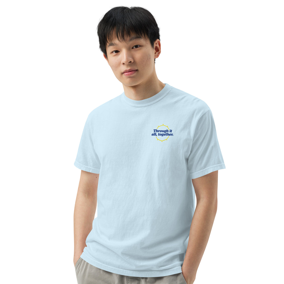 Light blue heavyweight T-shirt with crew neck and small front chest graphic