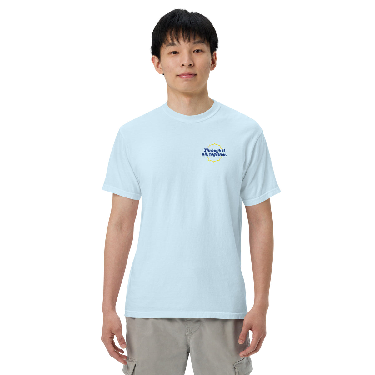 Light blue heavyweight T-shirt with crew neck and small front chest graphic