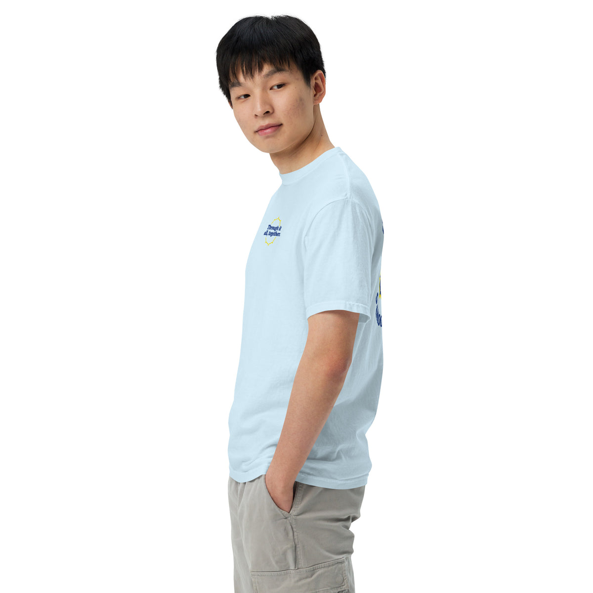 Light blue heavyweight T-shirt side view with small front chest graphic