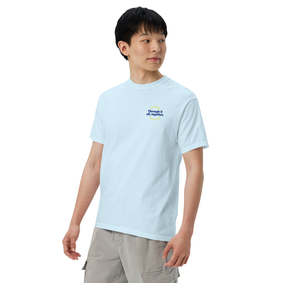 Light blue heavyweight T-shirt front view with small front chest graphic print