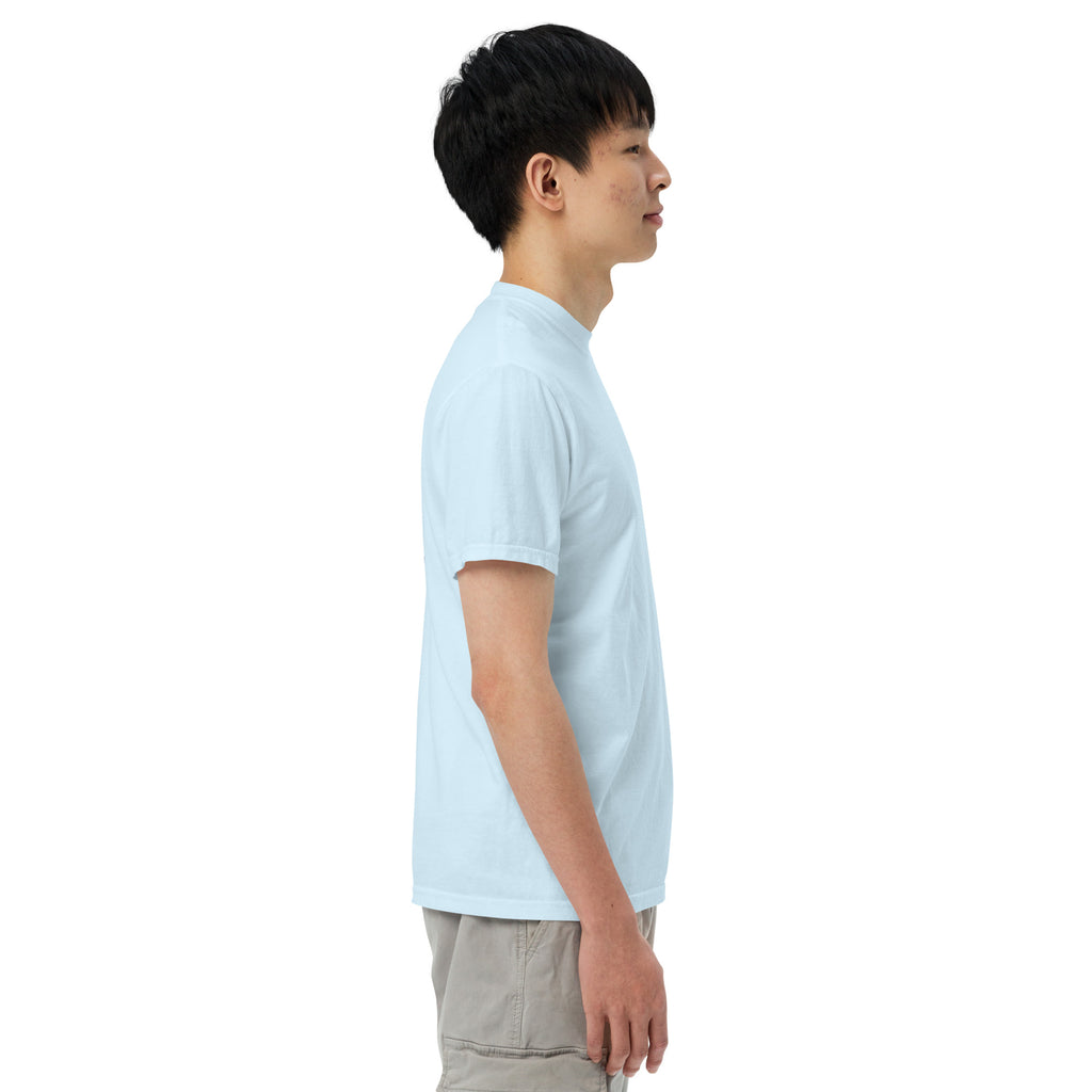 Light blue heavyweight T-shirt profile view with small front chest graphic