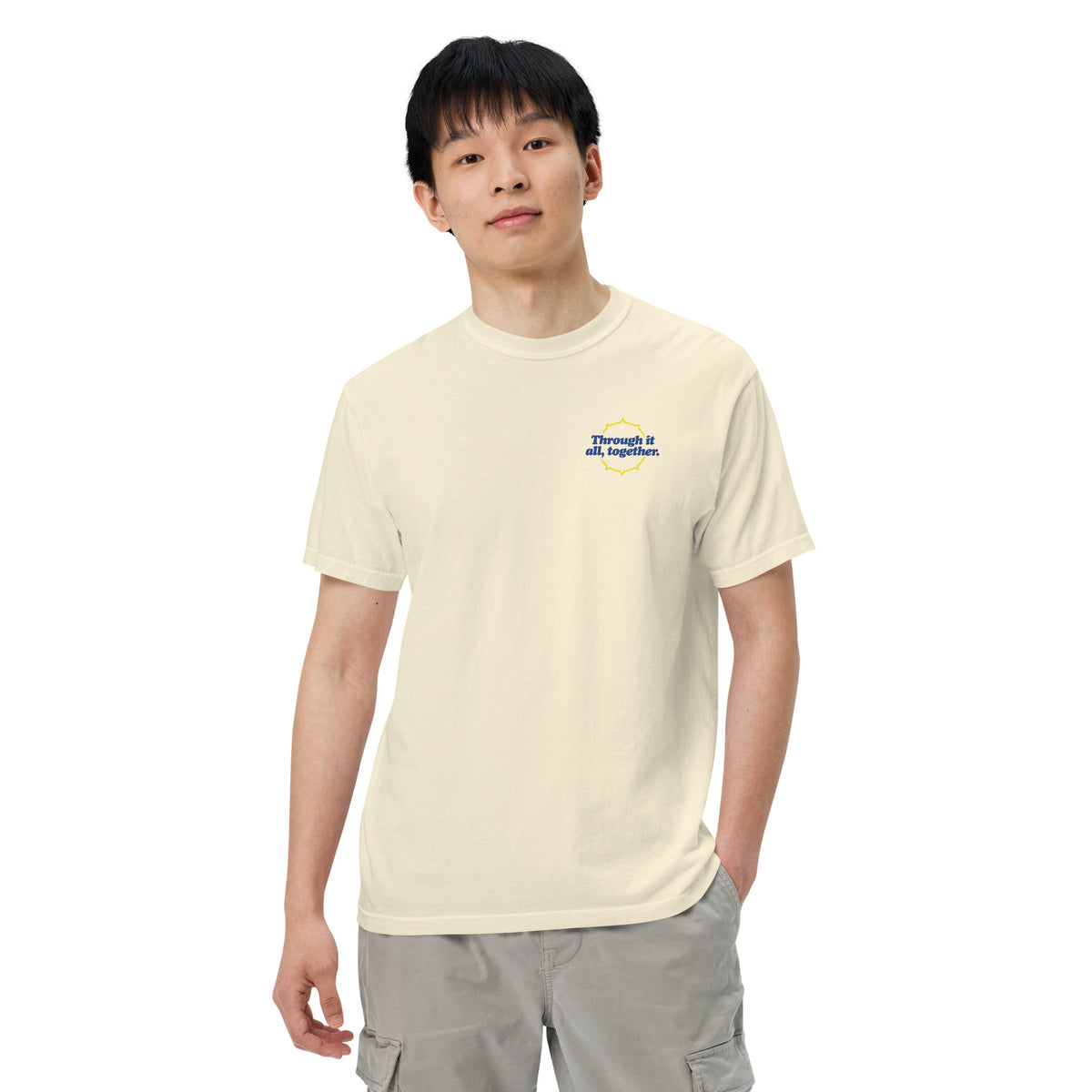 Cream heavyweight T-shirt front view with small front chest graphic print