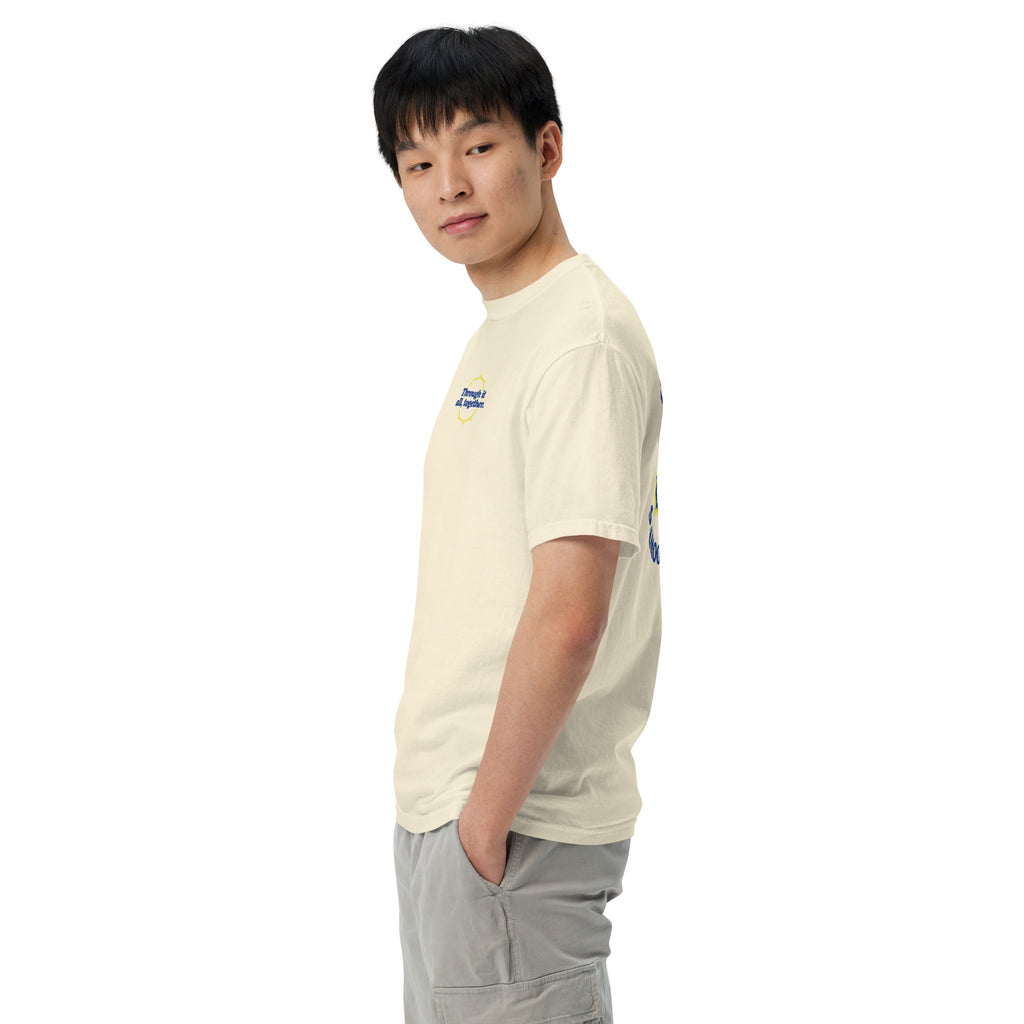 Heavyweight T-shirt in light ivory with small chest graphic, side view