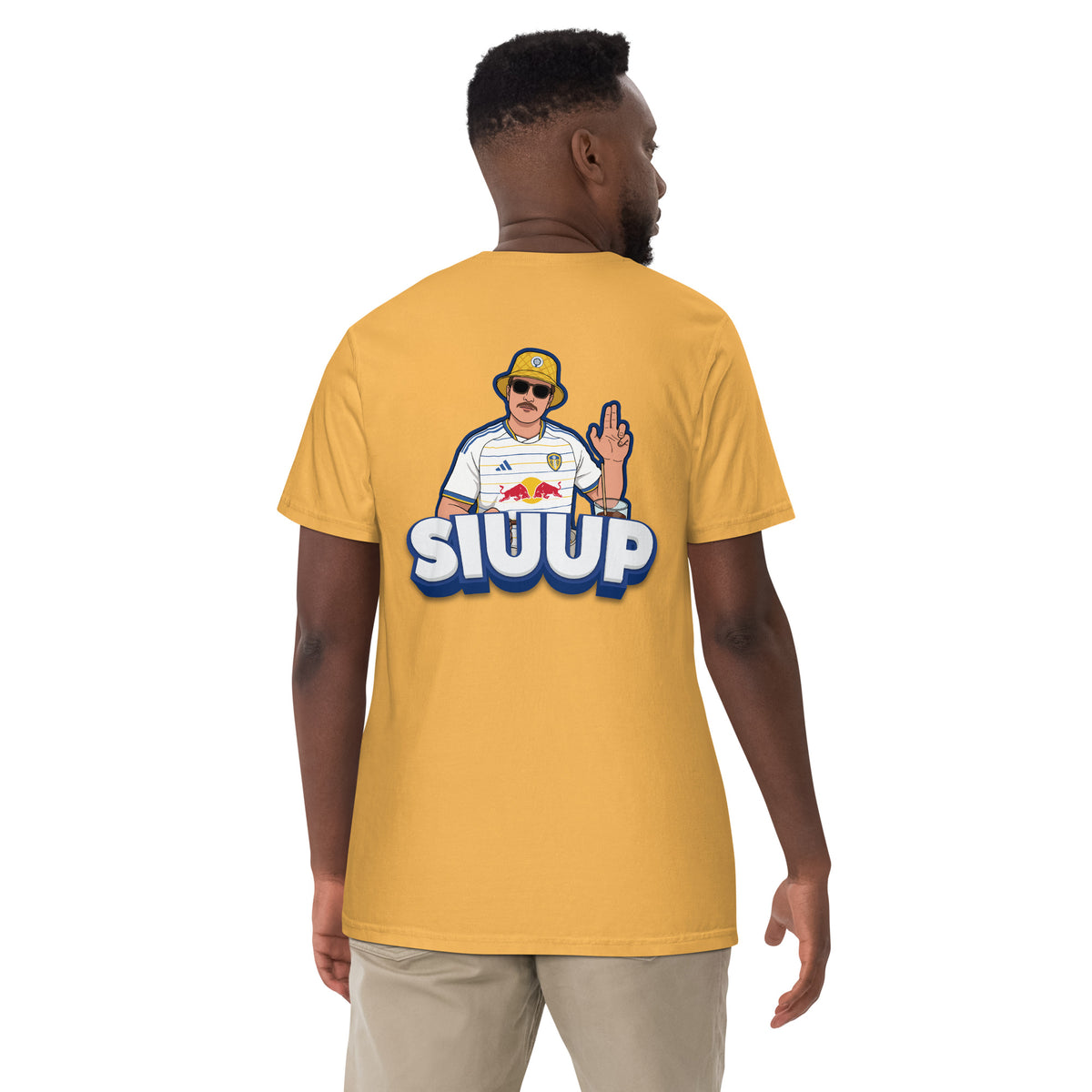 Mustard heavyweight t-shirt with large back SIUUP player graphic