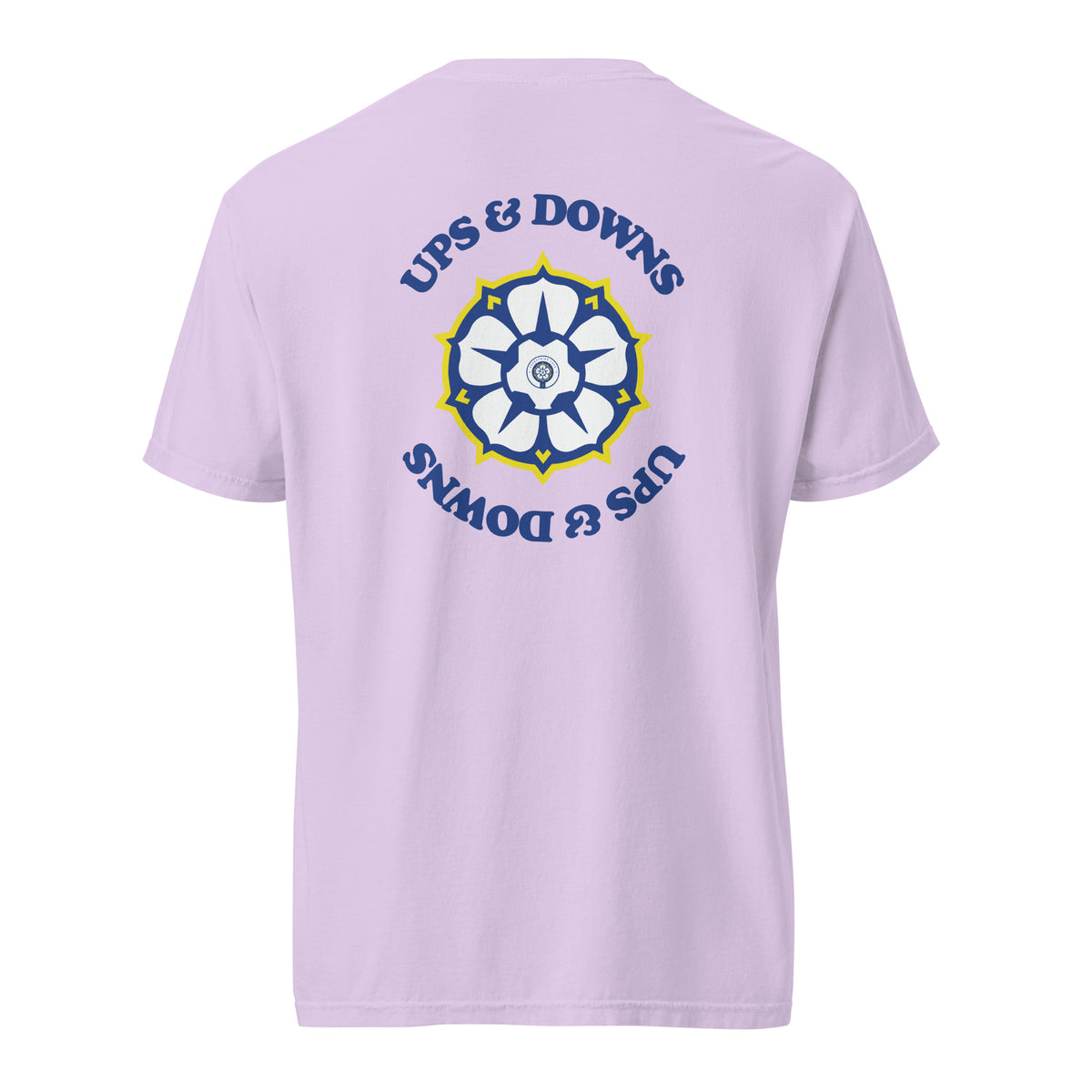 Purple heavyweight t-shirt, back view with large ups & downs emblem logo