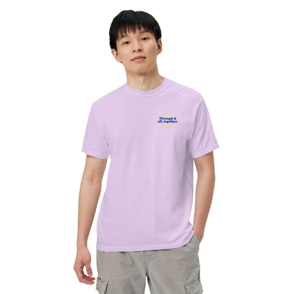 Purple heavyweight t-shirt front view with small chest graphic logo