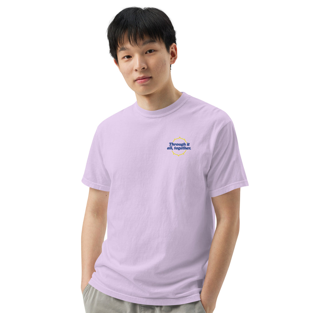 Purple heavyweight t-shirt front close-up with small chest text logo