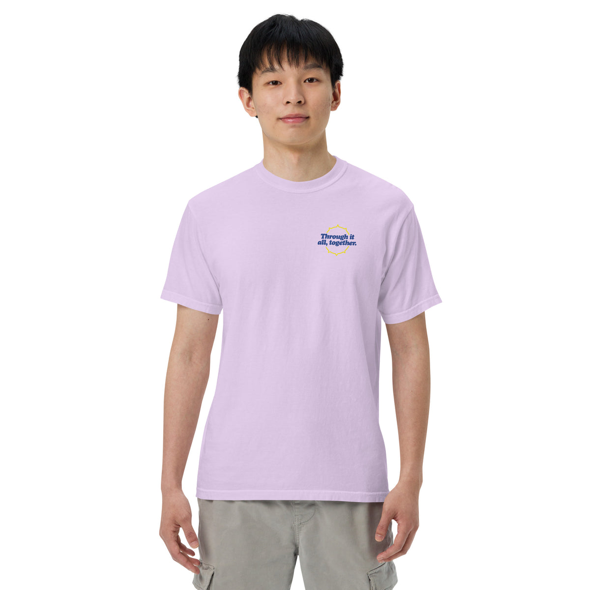 Purple heavyweight t-shirt with small chest graphic logo and crew neck