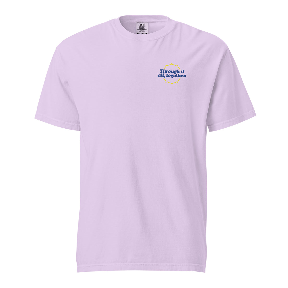 Purple heavyweight t-shirt, front view with small chest text logo