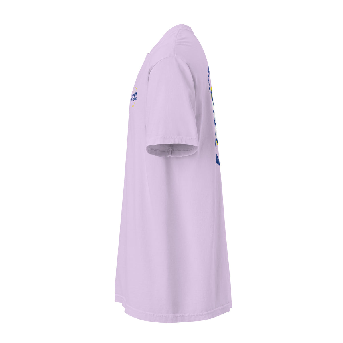 Purple heavyweight t-shirt on side profile with visible front graphic edge