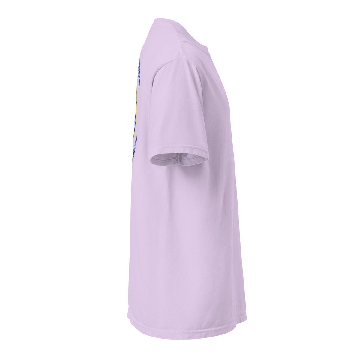 Purple heavyweight t-shirt side view with small logo near hem