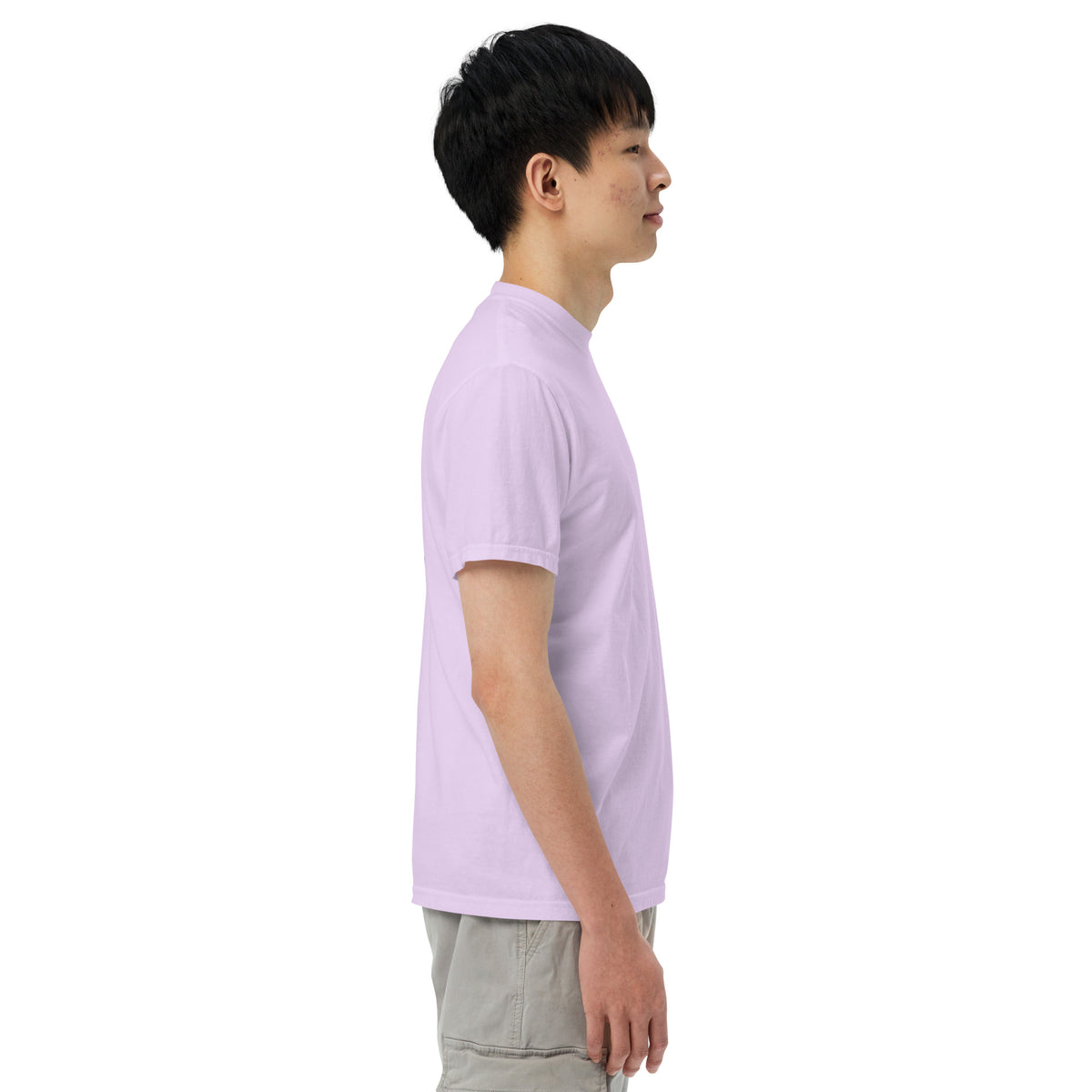 Purple heavyweight t-shirt side profile with sleeve logo print