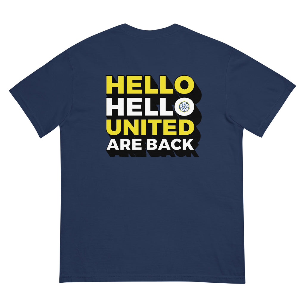 Navy heavyweight T-shirt with large back “HELLO HELLO UNITED ARE BACK” graphic