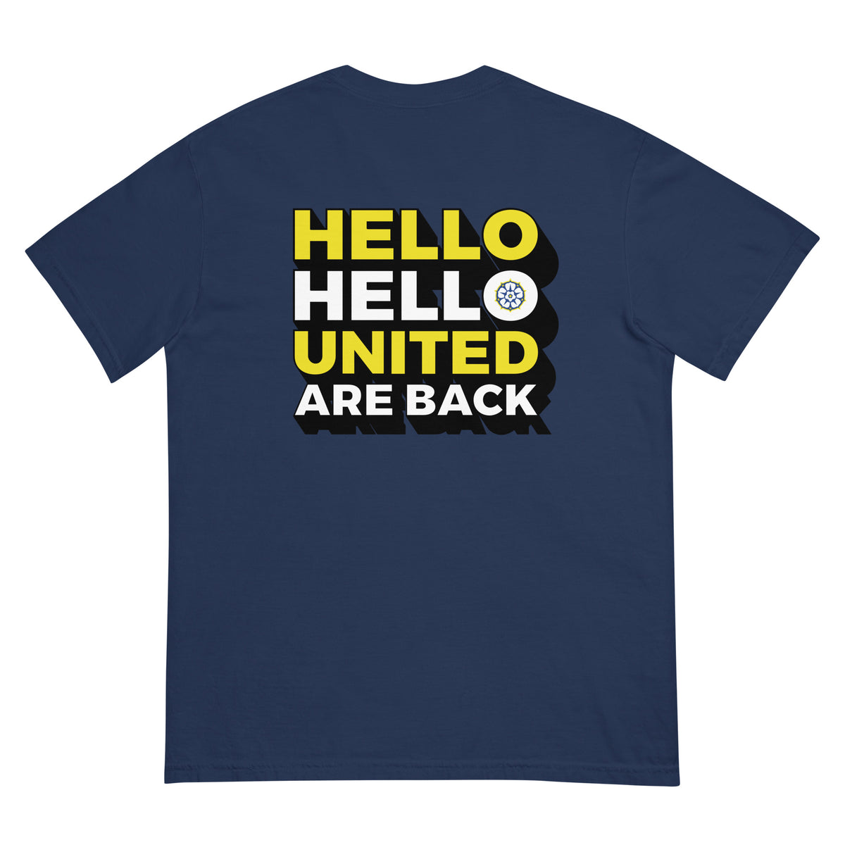 Navy heavyweight T-shirt with large back “HELLO HELLO UNITED ARE BACK” graphic